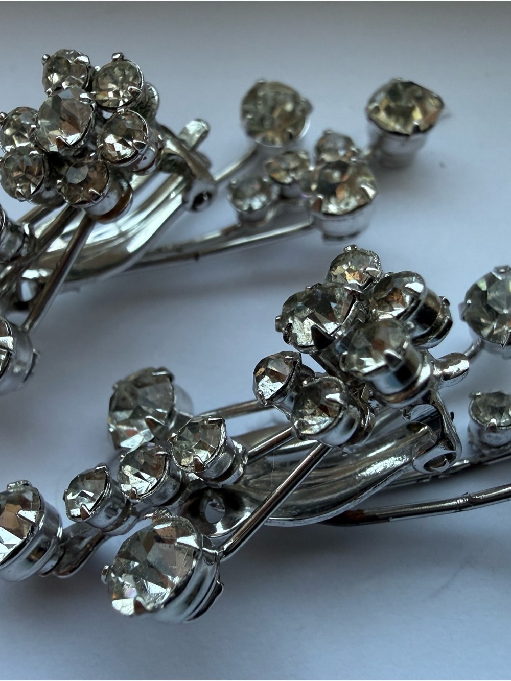 Vintage Rhinestone Spray Climber Clip On Earrings Silver Tone Mid Century Bridal